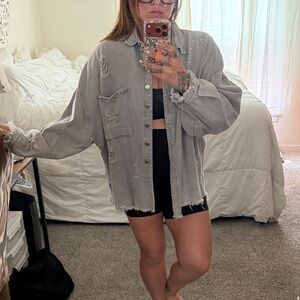 Vici Oversized Distressed Button-Down Shirt Jacket in Light Gray